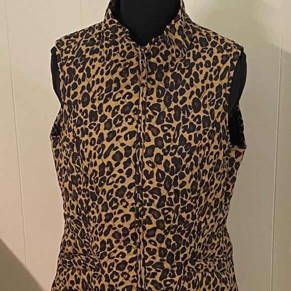 Talbots Cheetah Diamond Quilted High Necked Vest Pockets Full Zip Petite Small - Picture 1 of 7
